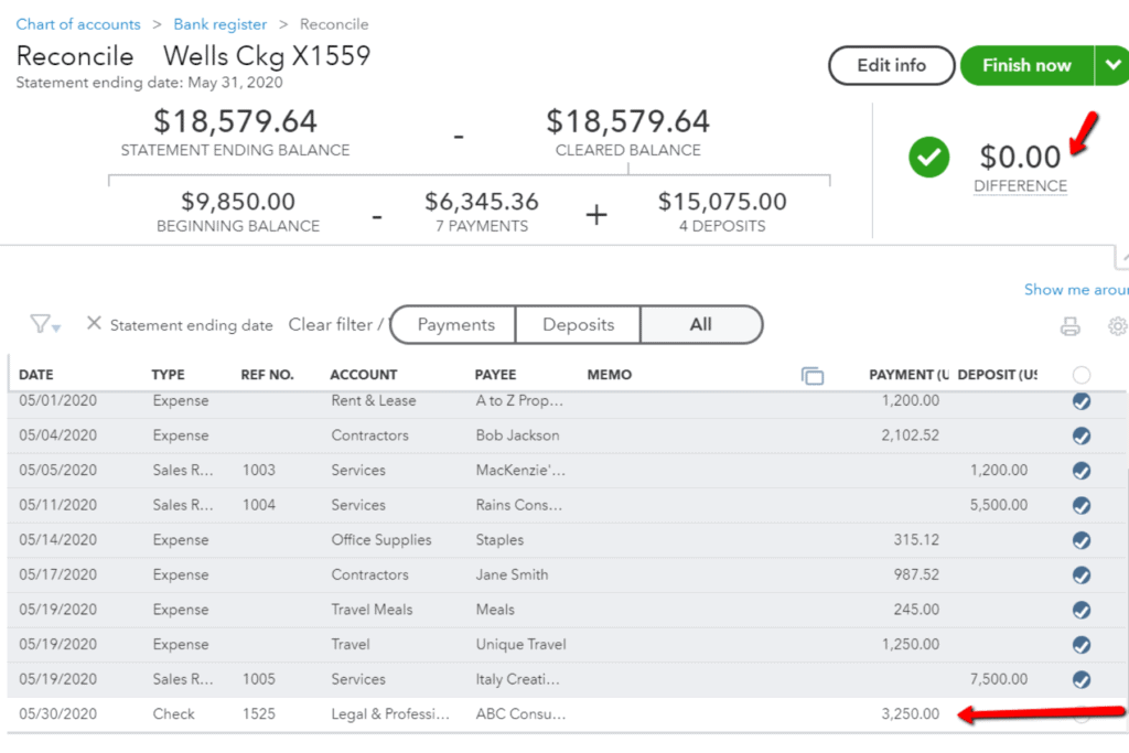 QBO Reconcile Outstanding Item